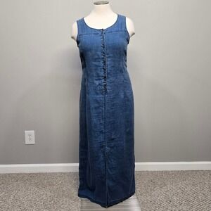 Vintage 90s Liz Claiborne‎ 100% Linen Maxi Sundress Size 16 Blue Coastal Grunge
